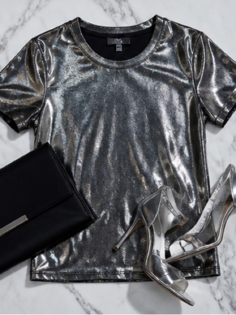 CeCe Shimmery Gunmetal Short Sleeve Crewneck Tee - Picture 3 of 9